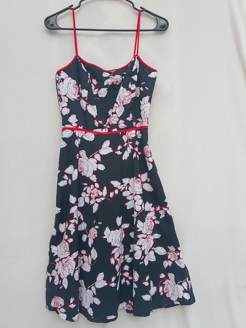 Floral A-Line Midi Dress with Red Trim